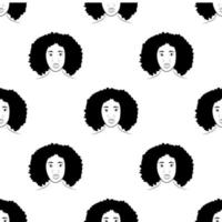 svarta honans silhuetter, ansiktsprofil, vinjett. afro kvinna i profil. handritad vektor seamless mönster på vit bakgrund. design för inbjudan, gratulationskort, vintage stil.