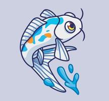 Süßer Koi-Fisch springt. isolierte karikaturtierillustration. flaches Aufkleber-Icon-Design Premium-Logo-Vektor. Maskottchen Charakter vektor