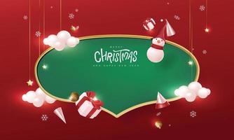 Zeichenfahnenrahmen der frohen Weihnachten mit leerem Raum und festlicher Dekoration auf rotem Hintergrund
