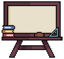 Pixelkunst leere Schultafel, Tafel mit Büchern, Radiergummi und Linealvektorsymbol für 8-Bit-Spiel auf weißem Hintergrund vektor