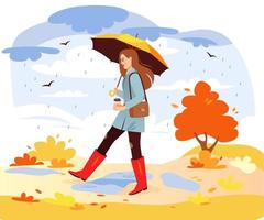 höst parkera. en kvinna promenader i ett höst parkera under de regn. en kvinna med ett paraply och kaffe promenader i de parkera. tecknad serie vektor illustration