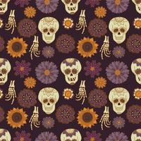Nahtloses Muster mit Totenköpfen und Herbstblumen auf violettem Hintergrund. hand gezeichnete böhmische halloween-vektorbeschaffenheit. sich wiederholendes Muster mit Knochen und Sonnenblumen. vektor