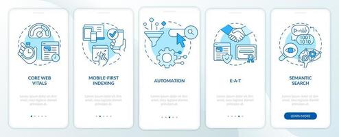 suchmaschinenoptimierungskonzepte blauer onboarding-bildschirm für mobile app. Komplettlösung 5 Schritte bearbeitbare Anweisungen mit linearen Konzepten. ui, ux, gui-Vorlage. vektor