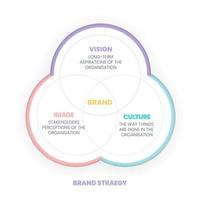 die vektorillustration des markenstrategie-venn-diagramms hat vision, image und kultur ist der schlüssel zum erfolgreichen wettbewerb. markenkultur und geschäftsstrategiekonzept.infografik-präsentation. vektor