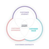 Kundenorientierungs-Venn-Diagramm hat Kundenreise, Kundenerfahrung und Kundenwert für die Organisation, um Kundensituationen, -wahrnehmung und -erwartungen zu verstehen. Infografik-Präsentation. vektor