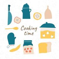 uppsättning av matlagning tid kök verktyg med Ingredienser illustration vektor