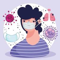 Covid 19 Pandemie-Cartoon mit Schutzmaske kranke Lunge vektor