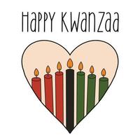 Happy Kwanzaa süße Grußkarte mit sieben Kerzen in Herzform. Vektor grüne, rote, schwarze brennende Kerzen. afroamerikaner ethnisches erbe festival feiertagsfeier