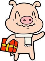 nervöses Cartoon-Schwein mit Geschenk vektor