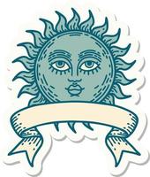 Tattoo-Aufkleber mit Banner einer Sonne mit Gesicht vektor