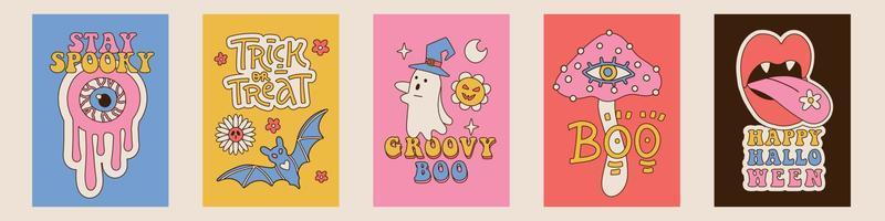 uppsättning av hand drawngroovy halloween posters eller kort. hippie inbjudan kort, baner design i modern årgång häftig 70s stil vild text och font text. a4 storlek vektor