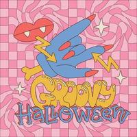 groovige halloween-grußkarte oder poster gruselige party für halloween-feiertage zombie hand gestikulieren rock zeichen. Disco-Banner mit handgezeichnetem Schriftzug. Vektor-Illustration. vektor