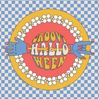 häftig halloween - 70s stil hälsning kort eller baner med runda typografi text med daisy hippie krans och avskuret zombie händer på rutig bakgrund. vektor läskigt illustration.