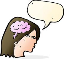 tecknad serie kvinna huvud med hjärna symbol med Tal bubbla vektor