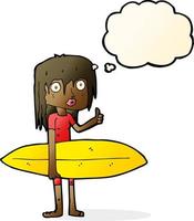 Cartoon-Surfermädchen mit Gedankenblase vektor