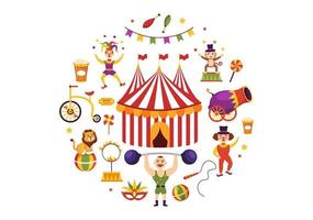 Zirkusvorlage handgezeichnete Cartoon-Flachillustration mit Show von Turner, Zauberer, Tierlöwe, Wirt, Entertainer, Clowns und Vergnügungspark vektor
