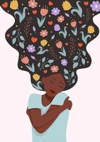 själv kärlek begrepp vektor illustration. ung Söt afrikansk kvinna kramas själv