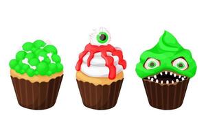 Set Cupcake Halloween Monster Dessert mit Knochen, Blut, Kürbisgesicht im Cartoon-Stil isoliert auf weißem Hintergrund. Vektor-Illustration vektor