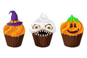 set cupcake halloween monster dessert mit gruseligem gesicht, zähnen, augen, hexenhut und kürbis im cartoon-stil vektor