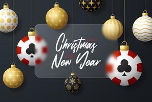 Casino-Poker-Weihnachtsverkaufsbanner oder Grußkarte. frohes neues jahr und frohe weihnachten banner mit glasmorphismus, glasmorphismus oder glasmorphismus-unschärfeeffekt. realistische vektorillustration vektor