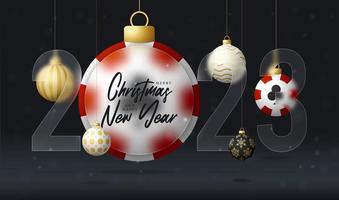 Poker Casino 2023 Verkaufsbanner oder Grußkarte. frohe weihnachten und ein frohes neues jahr 2023 banner mit glasmorphismus oder glasmorphismus-unschärfeeffekt. realistische vektorillustration. vektor