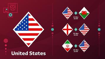 US-Nationalmannschaft plant Spiele in der Endphase der Fußball-Weltmeisterschaft 2022. vektorillustration der weltfußballspiele 2022. vektor