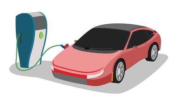 perspektiven elektrofahrzeug sportwagen aufladen parken an der ladestation mit steckkabel. Aufladen neben dem Auto zur Batterie. isolierte flache Vektorillustration auf weißem Hintergrund. vektor