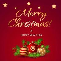 glad jul och Lycklig ny år röd PR affisch eller baner design scen med bollar och gran träd gren med bär för detaljhandeln, handla eller jul befordran. lyx guld text. vektor