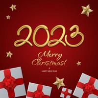 frohes neues jahr 2023 grußvektorvorlagen. frohe weihnachten design grußtext mit bunten weihnachtsdekorelementen wie einem geschenk, sternen auf rotem hintergrund mit luxusgold. vektor