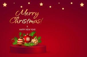 glad jul och Lycklig ny år röd PR affisch eller baner design scen med podium, bollar och gran träd gren med bär för detaljhandeln, handla eller befordran. lyx guld text. kopia Plats. vektor