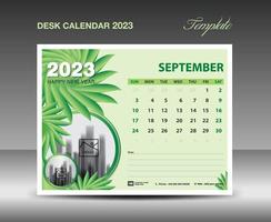 kalender 2023 design- september 2023 mall, skrivbord kalender 2023 mall grön blommor natur begrepp, planerare, vägg kalender kreativ aning, annons, utskrift mall, vektor eps10