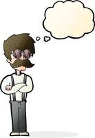 tecknad serie hipster man med mustasch och glasögon med trodde bubbla vektor