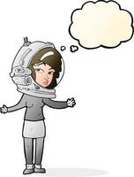 tecknad serie kvinna bär astronaut hjälm med trodde bubbla vektor