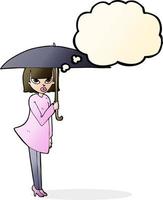 Cartoon-Frau mit Regenschirm mit Gedankenblase vektor