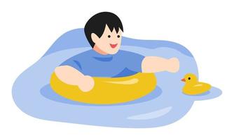 kleiner Junge schwimmt mit einem gelben Donut-Schwimmer, kleiner Junge will eine Gummiente greifen. das konzept von schwimmen, sport, spielen, kleinen kindern, wasser usw. flache vektorillustration vektor