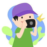 kleiner Junge mit Hut fotografiert mit der Kamera. süßer Cartoon-Stil. getrennter blauer und grüner Farbhintergrund. flache Vektorgrafiken. vektor