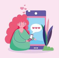 ung kvinna med smartphone sms älskar romantisk vektor