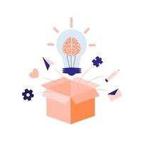 färgglada glödlampor med hjärna över låda genererar idéer vektor