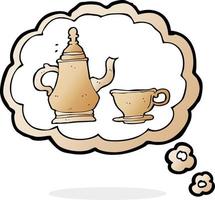 tecknad serie kaffe pott och kopp med trodde bubbla vektor