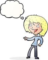 tecknad serie kvinna skrattande och pekande med trodde bubbla vektor