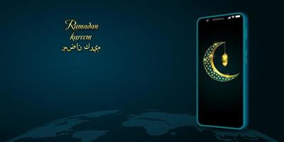 Ramadan Kareem Design mit goldenem Halbmond auf Handy vektor