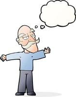 karikatur alter mann breitet die arme mit gedankenblase aus vektor