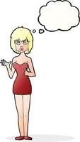 tecknad serie förvirrad kvinna i cocktail klänning med trodde bubbla vektor