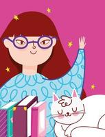 flicka med böcker och en katt vektor