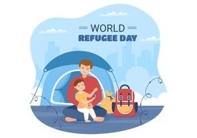weltflüchtlingstag vorlage handgezeichnete cartoon flache illustration mit händen, familie und klettern stacheldrahtzaun, um einzuwandern, um platz zu sparen vektor