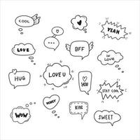 niedliche handgezeichnete Doodle-Vektor-Set-Sprechblasen mit Dialogwörtern Liebe, Kuss, Umarmung, süß, Honig. isoliert auf weißem Hintergrund vektor