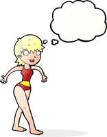 Cartoon glückliche Frau im Badeanzug mit Gedankenblase vektor