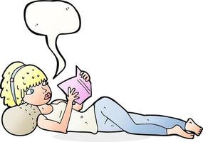 tecknad serie Söt kvinna läsning bok med Tal bubbla vektor