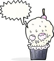 Cartoon gruseliger Schädel Cupcake mit Sprechblase vektor