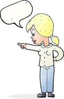 tecknad serie entusiastisk kvinna pekande med Tal bubbla vektor